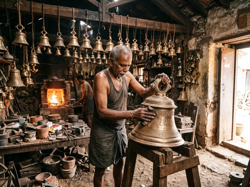 A craftsman polishing a large bronze bell in a foundry, finished bells hanging above