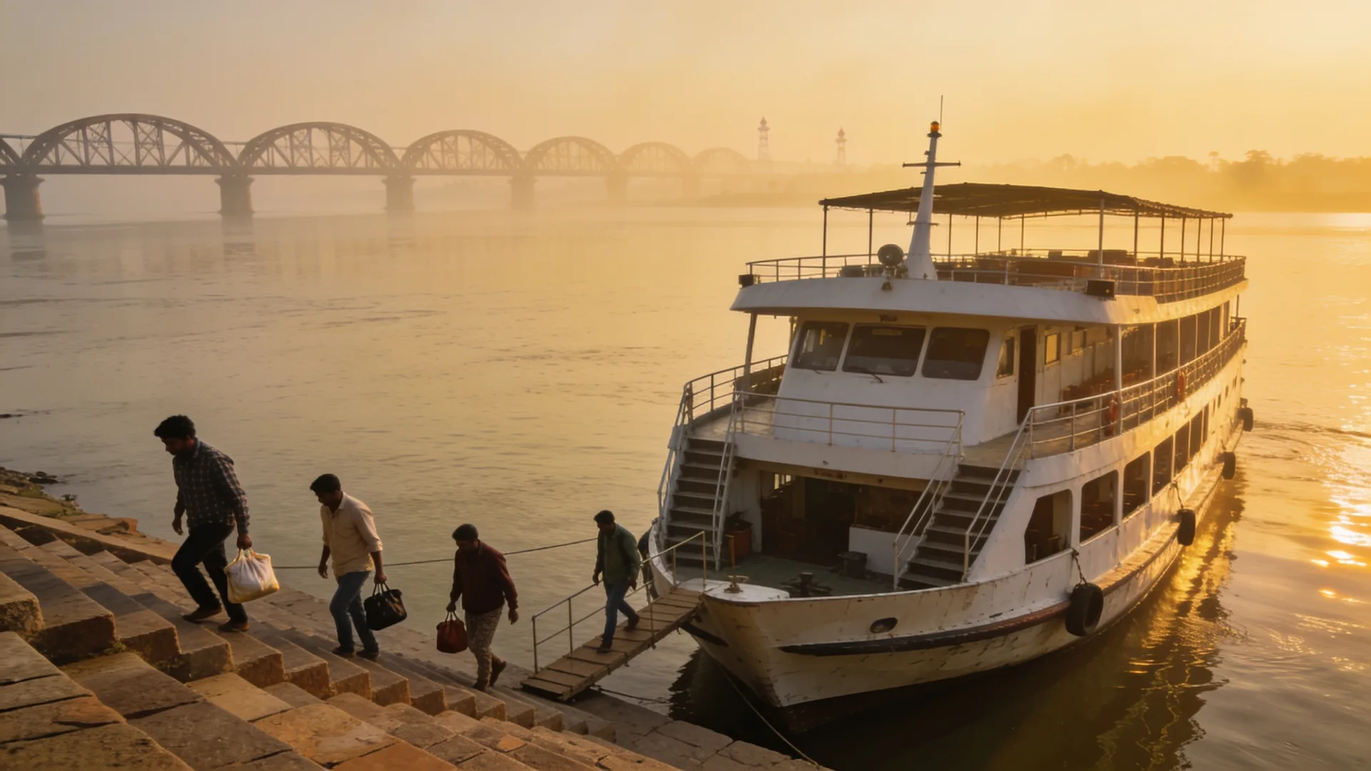 Boarding the launch in golden morning light