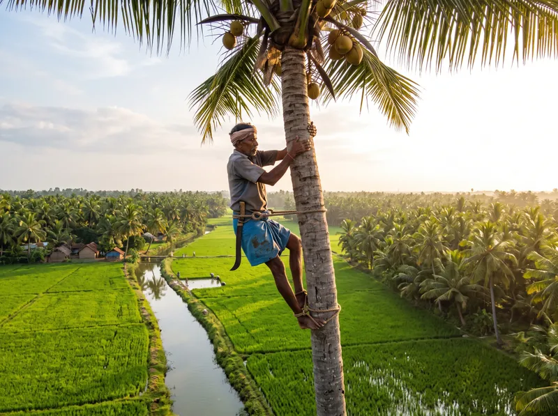 A farmer climbing a coconut palm above green paddy and a canal