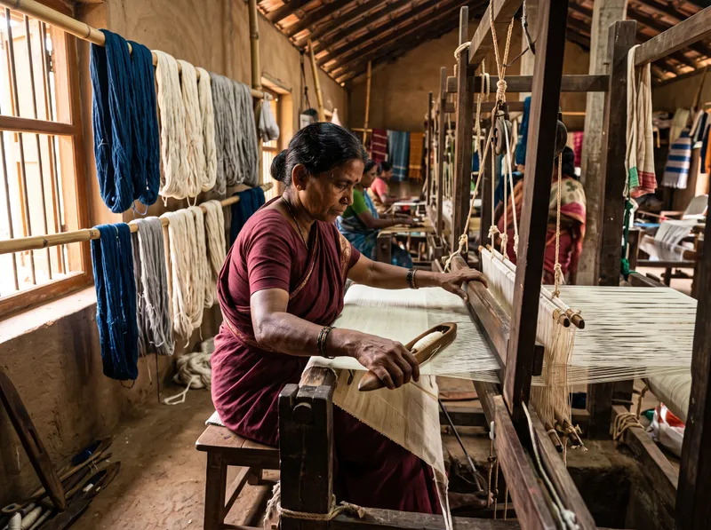 A weaver working a wooden pit loom with fine off-white cotton, skeins of dyed yarn hanging by the window