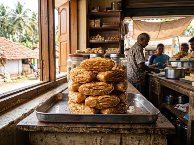 A stack of flaky, syrup-glazed kaja on a steel tray
