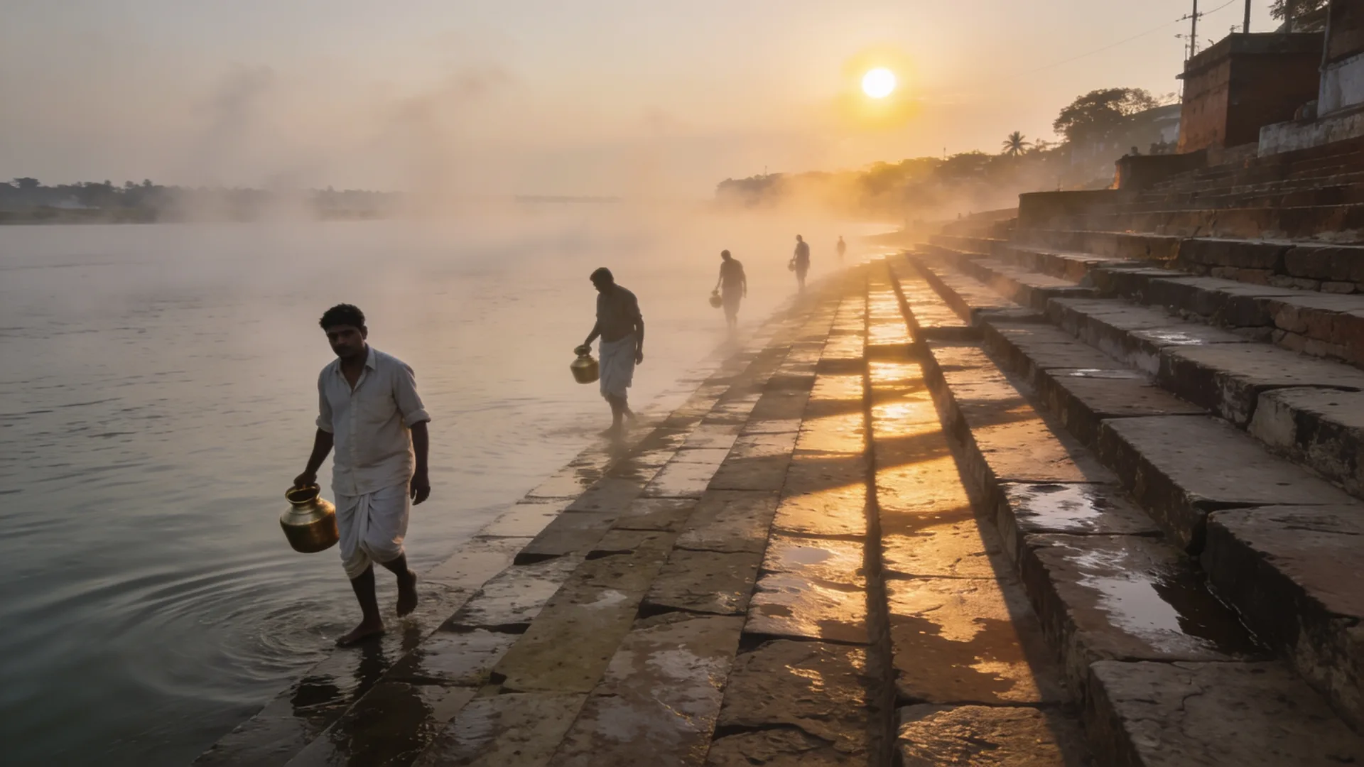 Pilgrims carrying brass pots down the ghat steps at first light, the sun low over the misty river