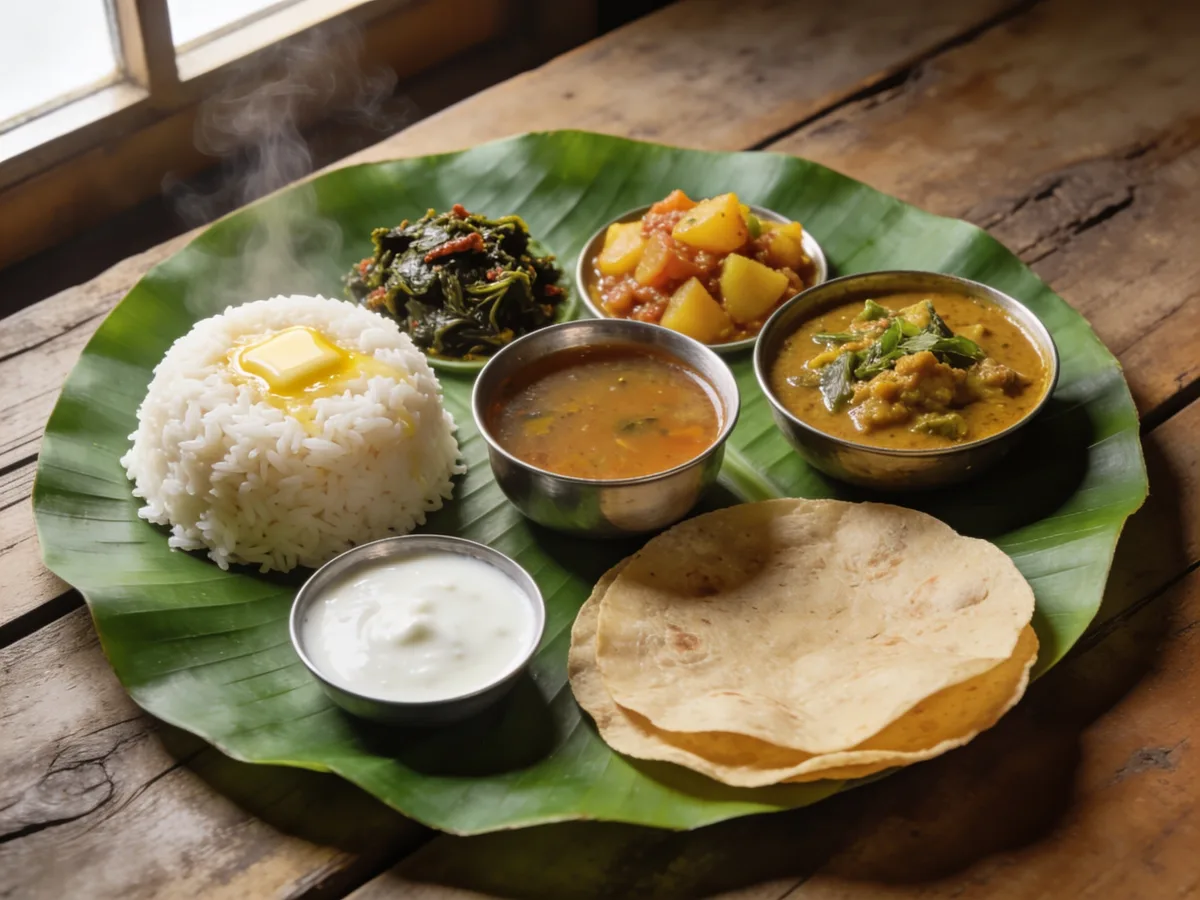 A meal on a banana leaf: rice with ghee, greens, curries, curd and flatbread