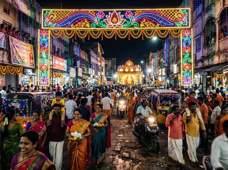 Families walking under a lit festival arch on a crowded street during Navaratri