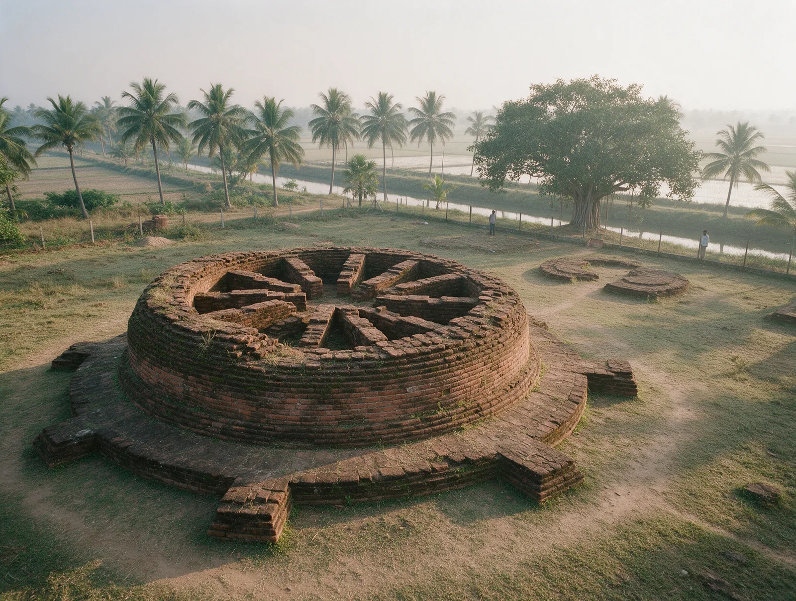 The eroded circular brick base of the Adurru maha-stupa seen from a low drone angle in hazy afternoon light, its broken spoke walls open to the sky, palms and paddy fading behind