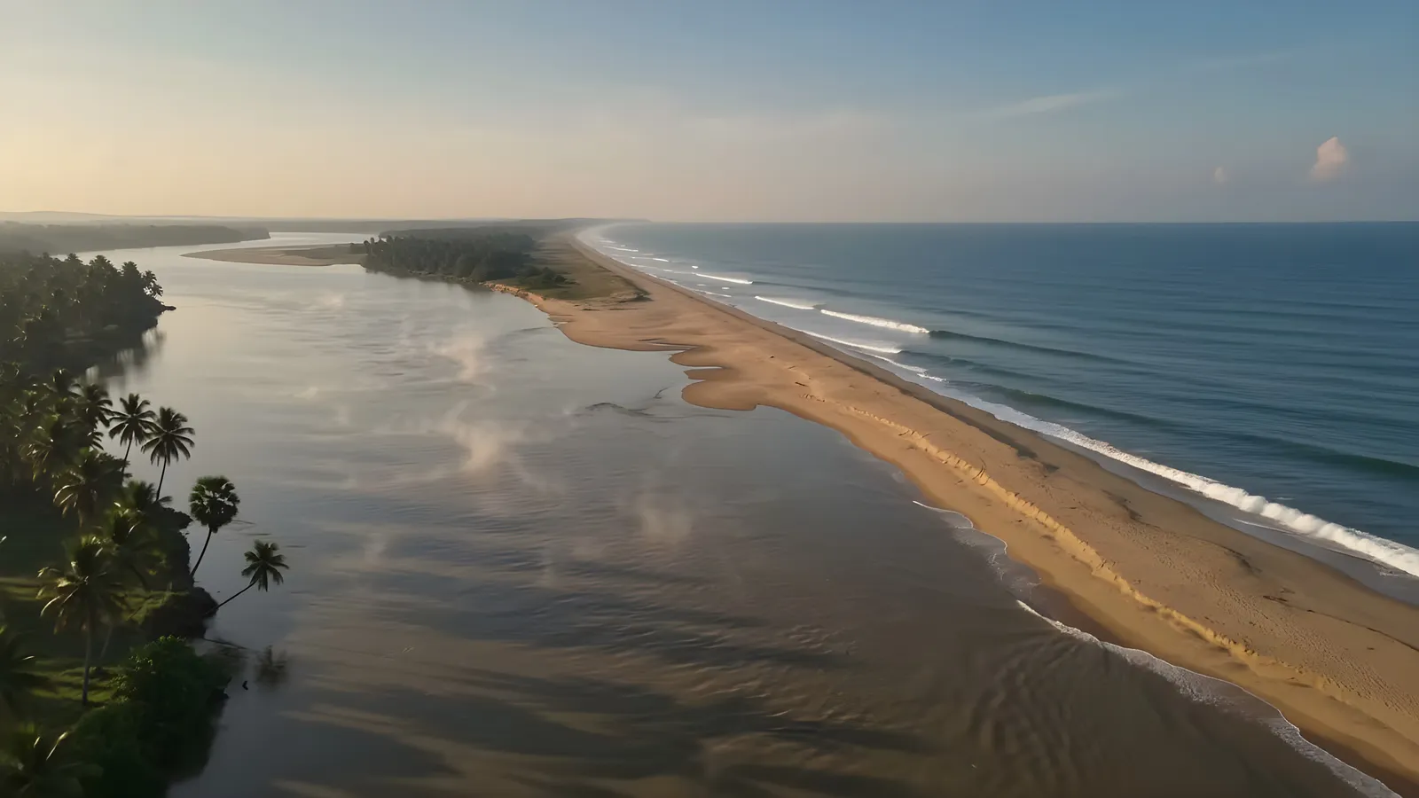 The Vasishta Godavari meeting the Bay of Bengal at Antarvedi at dawn: a long sand spit between the calm river and the surf, palms on the far bank