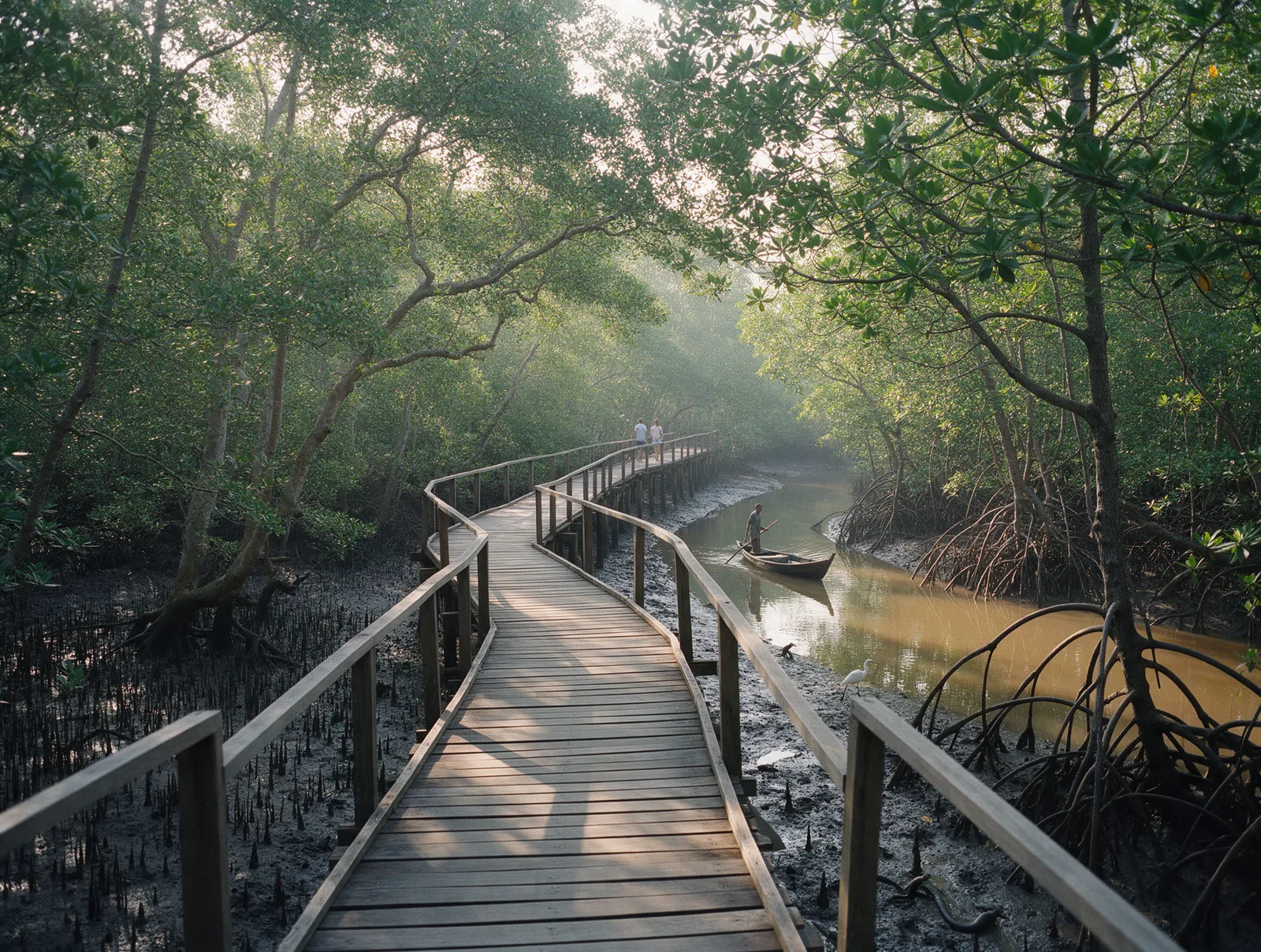 The wooden boardwalk curving through the mangroves at Coringa, a fishing skiff on the creek beside it