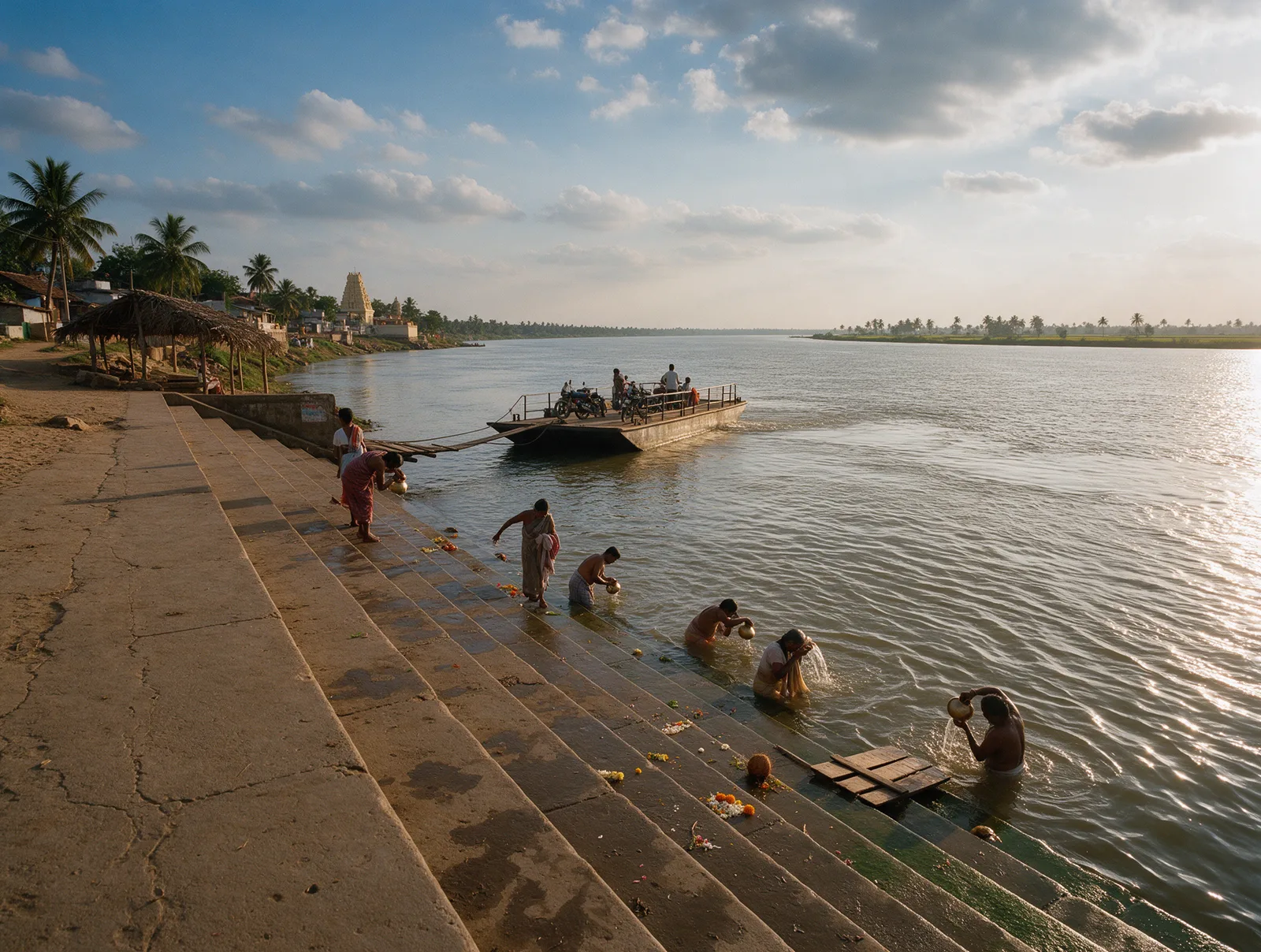 Pilgrims bathing on the weathered steps of the Kotipalli ferry ghat in low golden-hour light as a pontoon ferry sets out across the wide silt-green Gautami branch of the Godavari, the Someswara temple gopuram a distant accent above the village palms