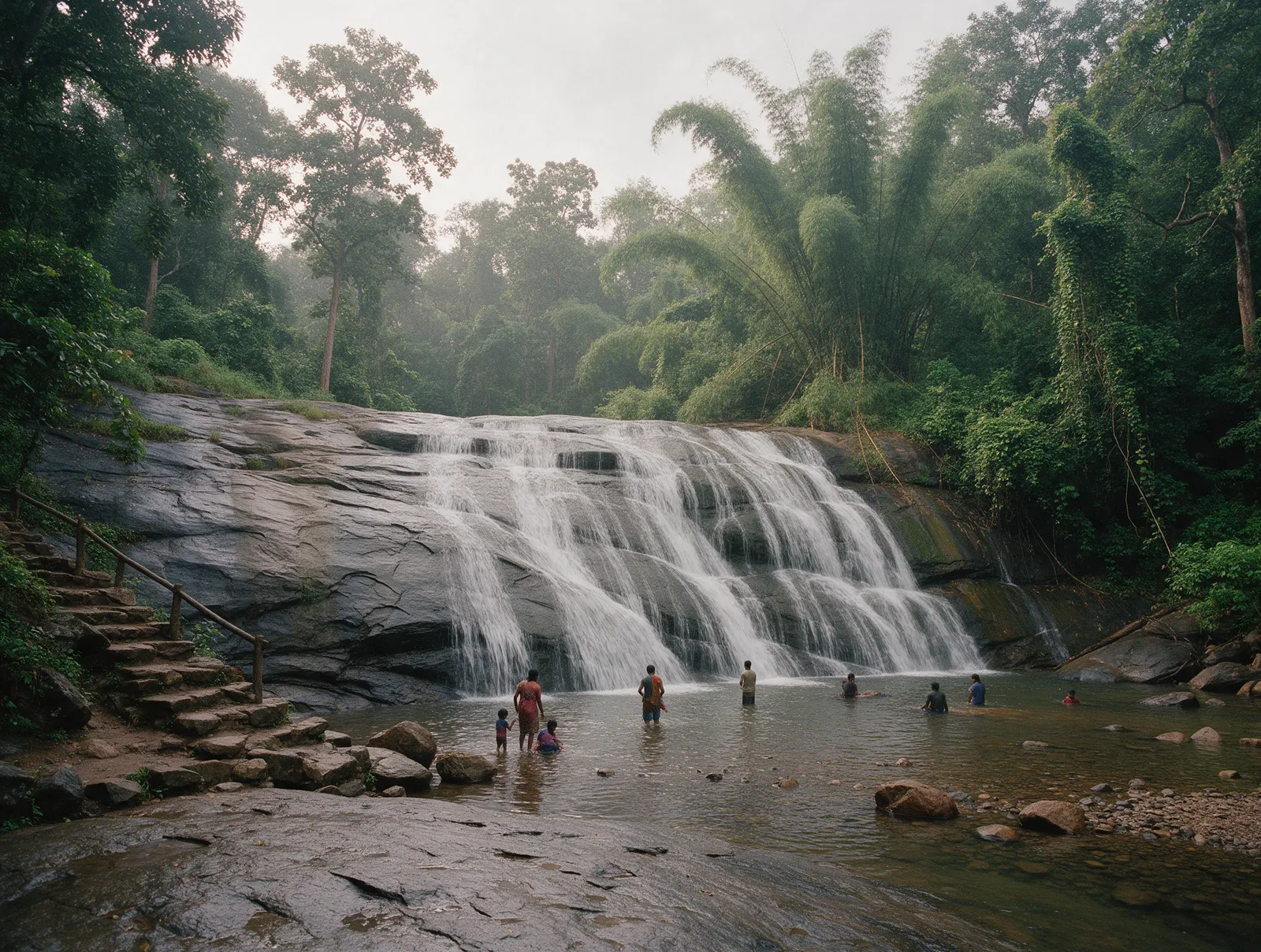 Jalatarangini falls near Maredumilli cascading in tiers over dark rock into a clear forest pool, bamboo and teak closing in around it.