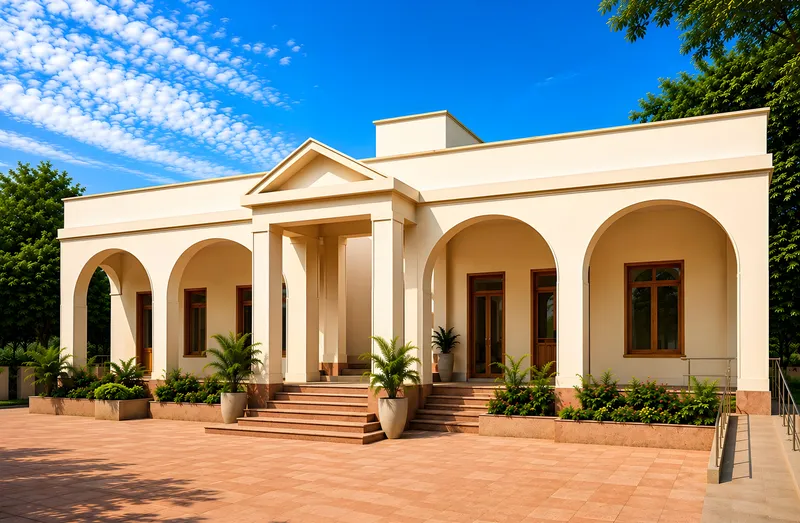 A new white annasatram building with arched verandas and a portico at the Sri Kota Sattemma temple, Nidadavolu