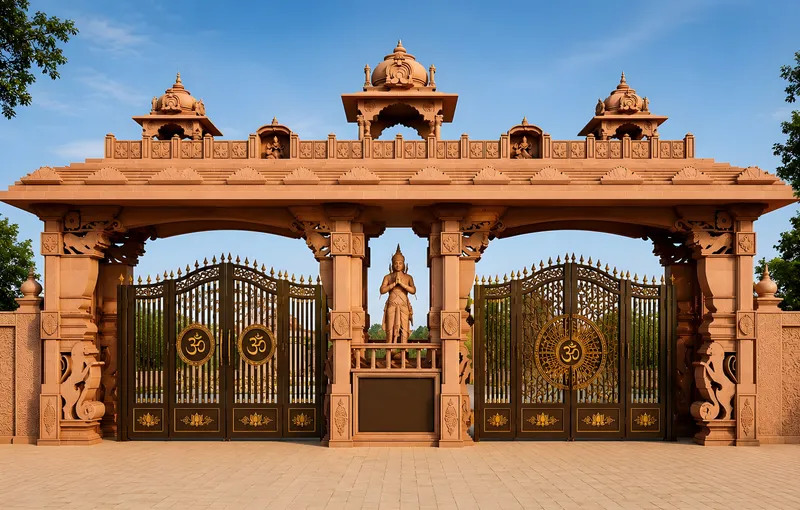 A carved sandstone entrance arch with twin gates and a central figure, the way in to Pushkar Ghat