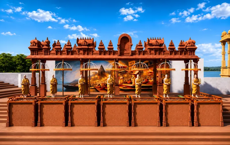 The Harathi ghat: a long carved sandstone stage with statues of priests holding lamps, set above the river steps