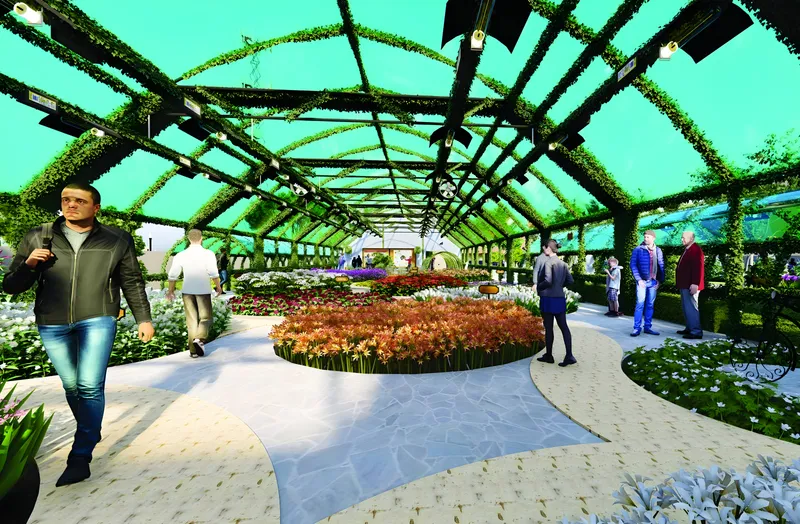 Inside the interactive nursery and green-room walk: a glasshouse avenue of flowering beds under a planted canopy