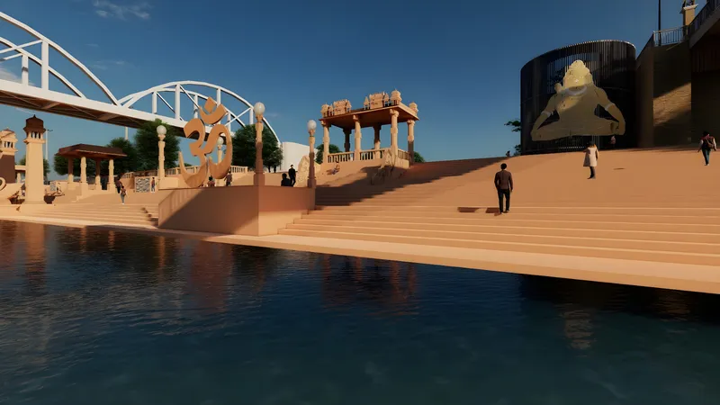 The redeveloped Pushkar Ghat riverfront with a large Om sculpture, a stone pavilion and wide steps down to the Godavari, the arch bridge behind