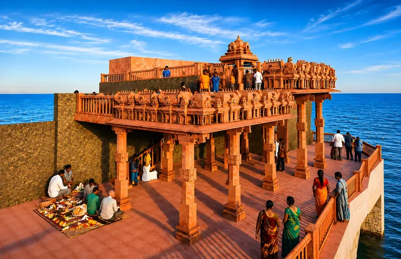 A carved sandstone pavilion over the water with devotees performing a ritual on its terrace