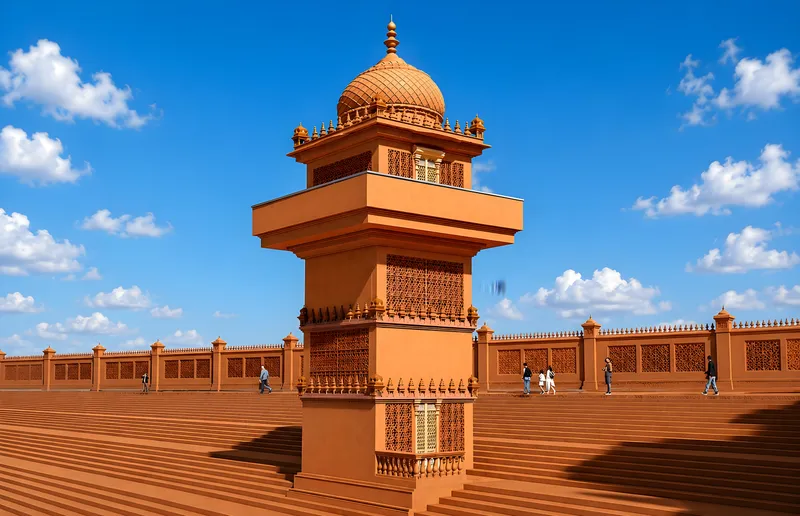 A carved sandstone watchtower with a domed top rising over the ghat steps