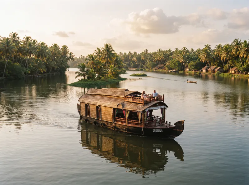 A thatched houseboat on a wide, palm-lined branch of the Godavari at golden hour